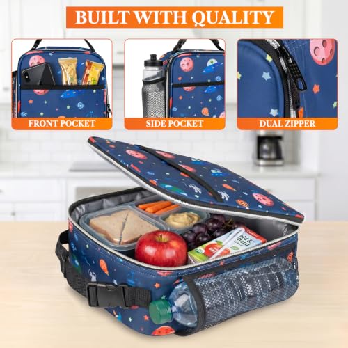 opux Insulated Lunch Bag for Kids Boys Girls, Small Compact Lunch Box with Wide Opening & Mesh Pockets, Reusable Lunch Pail for School, Work, Adults, Men, Women, Space Astronaut - color: Space Astronaut