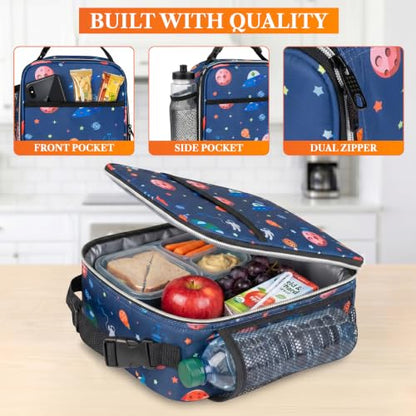 opux Insulated Lunch Bag for Kids Boys Girls, Small Compact Lunch Box with Wide Opening & Mesh Pockets, Reusable Lunch Pail for School, Work, Adults, Men, Women, Space Astronaut - color: Space Astronaut