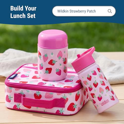 Wildkin Kids 10 oz Insulated Food Jar, Strawberry | Wide-mouth 10 oz jar keeps food hot up to 5 hrs and cold up to 7 hrs · includes two folding spoons · stainless steel interior - color: Strawberry Patch