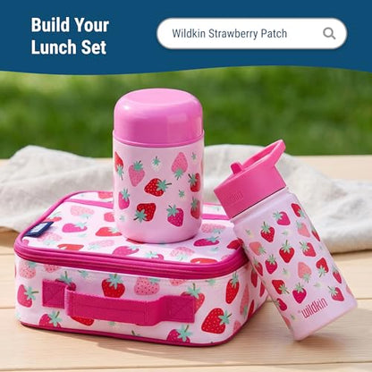 Wildkin Kids 10 oz Insulated Food Jar, Strawberry | Wide-mouth 10 oz jar keeps food hot up to 5 hrs and cold up to 7 hrs · includes two folding spoons · stainless steel interior - color: Strawberry Patch