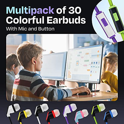 JustJamz 30x Multipack | Bulk Earbuds with Microphone, for Schools, Classroom, Libraries, Museums, etc., Wired in-Ear Earphones with Mic for Kids, Teenagers & Adults, Affordable Bulk Headphones