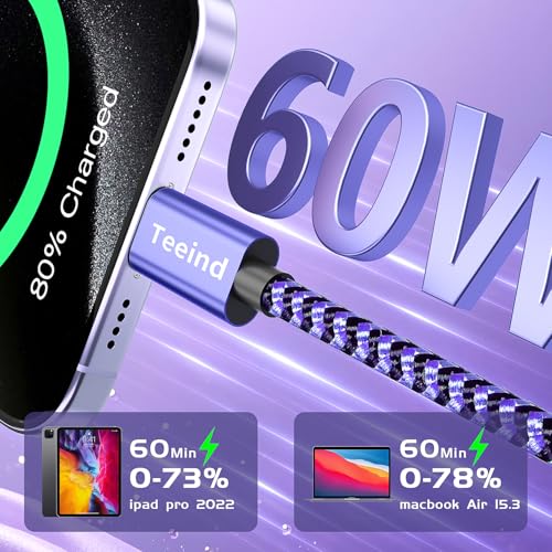 USB C Cable 5-Pack (2×6FT, 3×3FT), 60W PD Fast Charging USB-C to USB-C Cable, Compatible with iPhone 17/17 Pro, MacBook, iPad, Samsung Galaxy S25, for Home & Travel