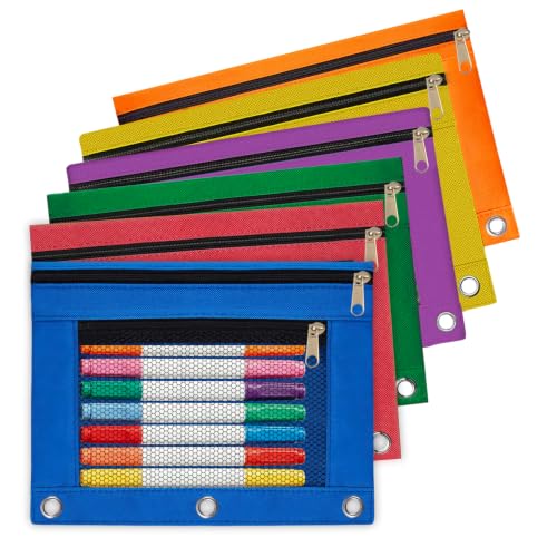 Pencil Pouch for 3 Ring Binder, 6 Pack Pencil Bags with Zipper, Pencil Case for Binder Double Pockets, Pencil Case Pouch with Clear Mesh Window Assorted Color for College Office Supplies