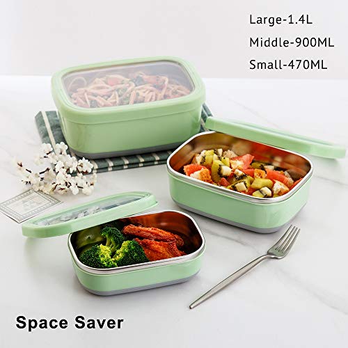 Lille Home Leak Proof Salad Container Stainless for Lunch - Snack Containers Steel - Ideal for Educational Settings & Daycare - Nesting Trio with Silicone Lids - 47oz+30oz+16oz - Blue - color: Green