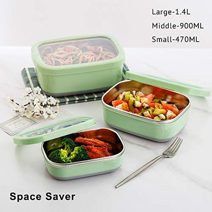 Lille Home Leak Proof Salad Container Stainless for Lunch - Snack Containers Steel - Ideal for Educational Settings & Daycare - Nesting Trio with Silicone Lids - 47oz+30oz+16oz - Blue - color: Green