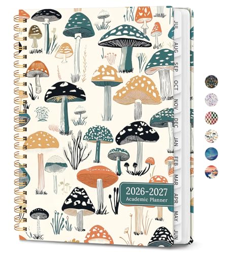 Planner 2026-2027, Academic Planner Weekly and Monthly, Jul 2026 - Jun 2027, Spiral Bound School Planning Tool with Tabs and Pocket, Perfect for Students & Teacher, 6.3" x 8.5", Mushrooms Grove - color: C-Mushrooms Grove, size: 6.3"x8.5" (A5)