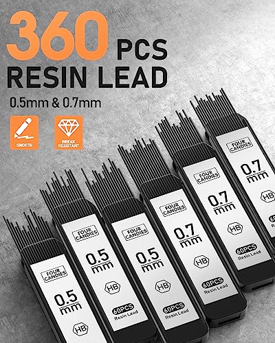 Four Candies 2PCS 0.5mm & 0.7 mm Metal Mechanical Pencils Set, 360PCS Lead Refills, 12 Erasers, Cool Lead Pencil with Case for School Writing, Sketching, Technical Work, Art Projects, Black & Silver - color: Silver+Black (2PCS)