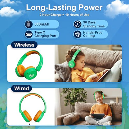 Contixo KB-5 Kids Headphones - Over The Ear Foldable Bluetooth Wireless Headphone for Kids - 85dB with Volume Limited - Toddler Headphones for Boys and Girls (Green+Orange) - color: Green