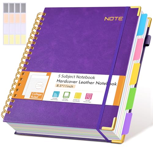 Hardcover Large Spiral Notebook 8.5" x 11" with Removable Dividers Tabs, 300 pages Leather 5 Subject Notebook College Ruled, A4 Journal for Women Men, Notebooks for Work School Note taking,Purple - color: Purple, size: A4（8.5" x 11"）