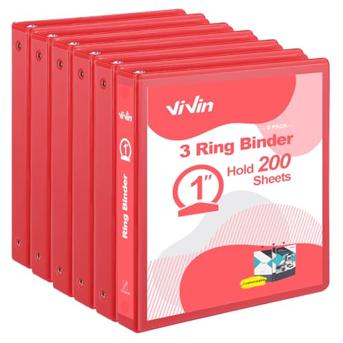 ViVin 1 Inch Round Ring View Binder for Durability, Standard 3 Ring Binder for 200 Sheets of US Letter Size Paper, PVC-Free, 6-Pack (Red) - color: Red, size: 1 Inch, style: 6 pack