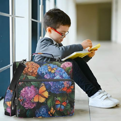Hydrangea with Butterfly Zipper Binder 3 Ring 1.5 Inch School Binder Organizer with Shoulder Strap Handle File Folder Pockets Large Capacity Students Girl Boy Men Office Work - color: Hydrangea With Butterfly