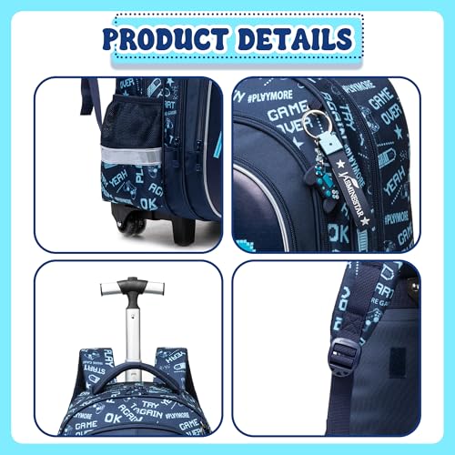 Meetbelify Boys Rolling Backpack with Wheels Kids Luggage for Elementary Students Trolley Trip Carry On Bag for Girls Boys 6-8 - color: Boy Game