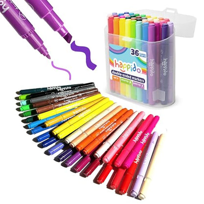 International Arrivals Double Sided Marker Sets for Kids Happido, Set of 36 Water Based Non Toxic Markers with Case, Great School Supplies, Art and Stationery Set - style: 36 Count - Double Ended