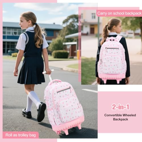 ACESAK Rolling Backpack for Girls - Roller Wheels School bag with Lunch Bag & Pencil Pouch for Teen Girls Kids Wheeled Suitcase Backpacks, Elementary Middle School Travel Daypack (Pink Bow) - color: Pink Bow