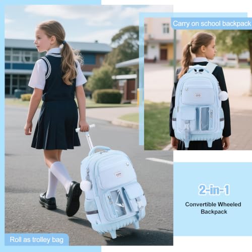 ACESAK Rolling Backpack for Girls, Roller Backpack with Lunch Bag & Pencil Pouch for Teen Girls Kids, Bookbag Backpack with Wheels for Women Elementary Middle High School Travel (Blue) - color: Blue