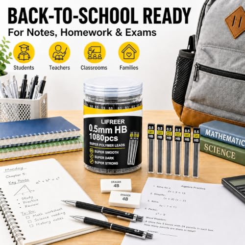 0.5 Lead Refills (1080 Pcs), Unbreakable 0.5 mm Lead Refills and 2 Premium Erasers, Long Lasting HB Pencil Lead 0.5 Refill,Mechanical Pencil Lead 0.5mm for Students & Professionals - style: 0.5 lead refills