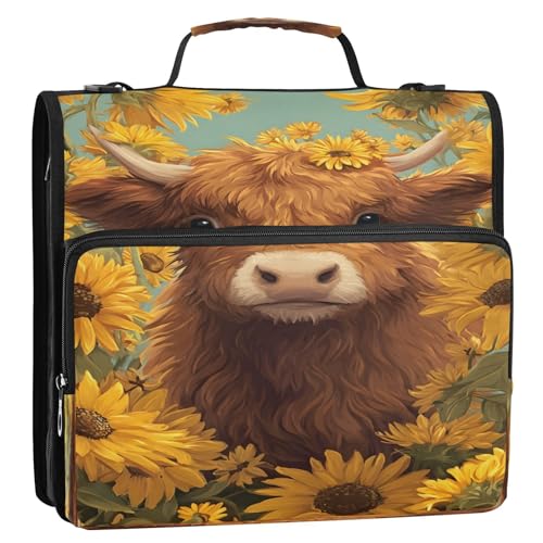 3 Ring Zipper Binder Highland Cow Sunflower Binders Bag with Shoulder Strap 500 Sheets Paper Organizer Trapper Keeper Documents Storage File Folder for School Office - color: A2842