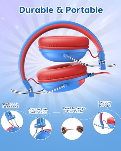 awatrue Kids Headphones, 74/85dB Safe Volume Limit, Stereo Sound, Wired On-Ear Headphones for Kids Boys Girls, 3.5mm Jack for Tablet, iPad, Kindle, YOTO Player, Airplane Travel, Blue - color: Blue-Red