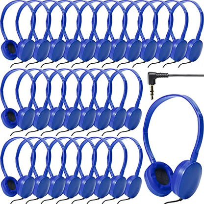 Flutesan 30 Pack Wired Headphones, Adjustable On Ear Headphones with Stereo, Earbuds for Schools, Laptop, Travel, Plane, Tablet - color: Blue