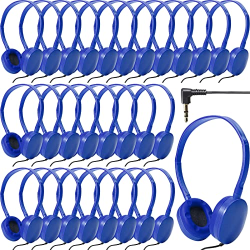 Flutesan 30 Pack Wired Headphones, Adjustable On Ear Headphones with Stereo, Earbuds for Schools, Laptop, Travel, Plane, Tablet - color: Blue