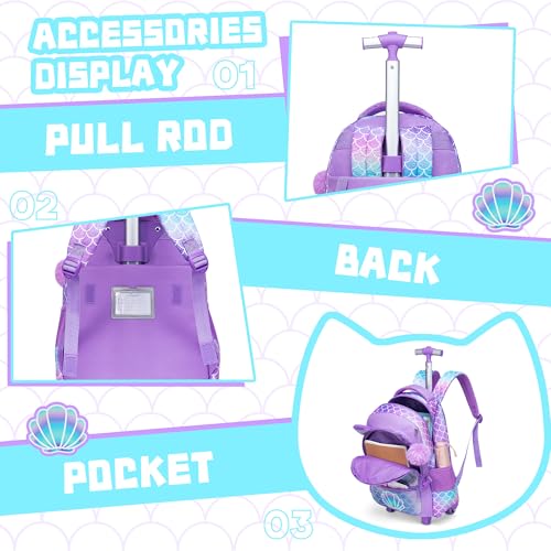 Meetbelify Rolling Backpack for Girls Backpacks with Wheels for Elementary School Students Kids 3 in 1 Travel Luggage Suitcase with Lunch Box Pencil Case for Girls Age 8-10 - color: Purple Mermaid