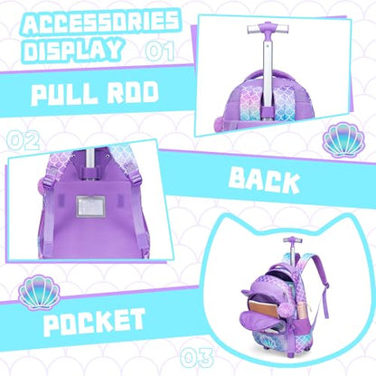 Meetbelify Rolling Backpack for Girls Backpacks with Wheels for Elementary School Students Kids 3 in 1 Travel Luggage Suitcase with Lunch Box Pencil Case for Girls Age 8-10 - color: Purple Mermaid