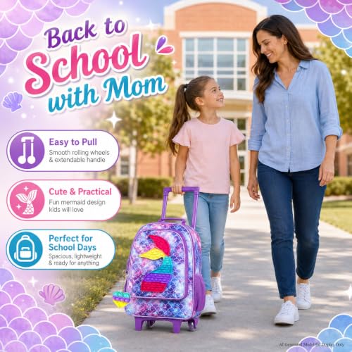 WZLVO 4PCS Rolling Backpack for Girls,Kids Mermaid Backpacks with Roller Wheels, Wheeled Bookbag with Lunch Box for Toddler Elementary School - color: Fish Rolling Purple
