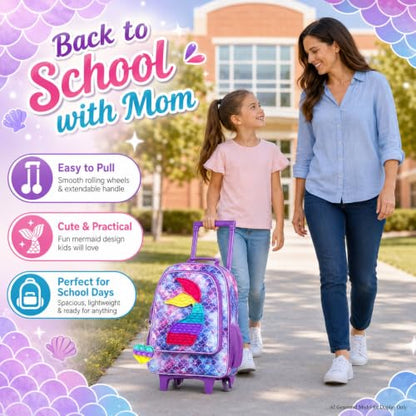 WZLVO 4PCS Rolling Backpack for Girls,Kids Mermaid Backpacks with Roller Wheels, Wheeled Bookbag with Lunch Box for Toddler Elementary School - color: Fish Rolling Purple