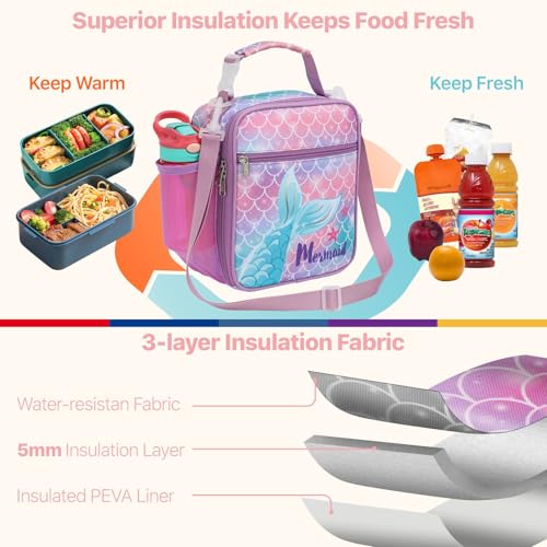 Bagseri Kids Lunch Bag with Shoulder Strap - Insulated School Lunch Box | Easy Carry Handle, Leak Proof, Water Bottle Holder, Roomy Toddler Lunch Box for Snacks, Drinks, Picnics, Trip, Purple Mermaid - color: B Purple Mermaid Tail, size: Crossbody Strap S