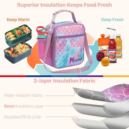 Bagseri Kids Lunch Bag with Shoulder Strap - Insulated School Lunch Box | Easy Carry Handle, Leak Proof, Water Bottle Holder, Roomy Toddler Lunch Box for Snacks, Drinks, Picnics, Trip, Purple Mermaid - color: B Purple Mermaid Tail, size: Crossbody Strap S