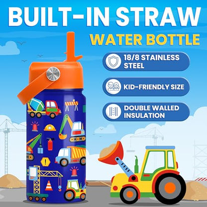 Construction Water Bottle - Kids Water Bottle with Straw Lid - 12 Oz Insulated Stainless Steel Water Bottles for Kid Boys - Travel Cup for School Sports - color: Construction 3