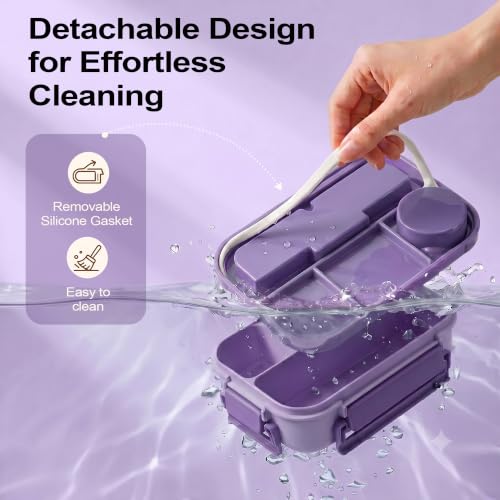 Bento Box Adult Lunch Box, Lunch Containers for Adults 44.5 Oz/5 Cup,Purple | BPA-Free, Lid-Top Sauce Tray, Leak-Proof, 1300mL, Removable Silicone Sealing Ring, Lid-Top Utensil Slot with Included Cutlery - color: Purple