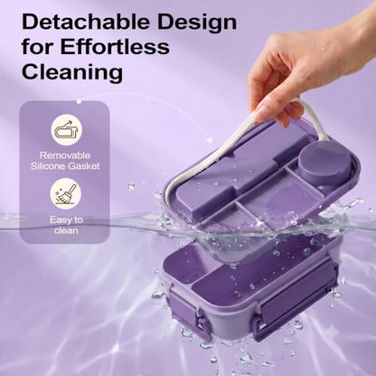 Bento Box Adult Lunch Box, Lunch Containers for Adults 44.5 Oz/5 Cup,Purple | BPA-Free, Lid-Top Sauce Tray, Leak-Proof, 1300mL, Removable Silicone Sealing Ring, Lid-Top Utensil Slot with Included Cutlery - color: Purple