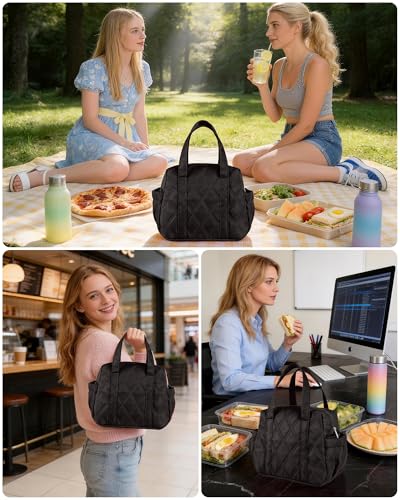 Quilted Puffer Lunch Bag for Women, Insulated Lunch Tote with Foil Lining, Leak-Resistant Reusable Lunch Cooler Bag, Roomy Soft Lunch Box for Work, School, Picnic and Travel (Black) - color: Black
