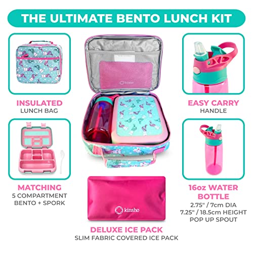 kinsho Bento Lunch Box. Insulated Bag, Water Bottle & Ice Pack Set for Kids, Toddlers, Girls. 5 Portion Sections, Removable Tray, Pre-School Toddler Daycare Lunches, Snack Container, Aqua Cat Mermaid - color: Aqua Cat Mermaid Set