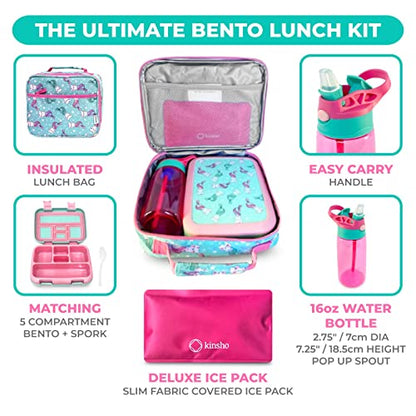kinsho Bento Lunch Box. Insulated Bag, Water Bottle & Ice Pack Set for Kids, Toddlers, Girls. 5 Portion Sections, Removable Tray, Pre-School Toddler Daycare Lunches, Snack Container, Aqua Cat Mermaid - color: Aqua Cat Mermaid Set