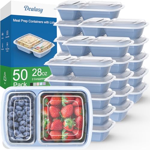 Dealusy 50 Pack (100-Piece) 28 oz Meal Prep Containers Reusable with Lids 2-Compartment, Sturdy Leakproof Food Safe, Microwave Freezer Dishwasher Safe, To Go Take Out Plastic Food Storage, Blue - color: Blue