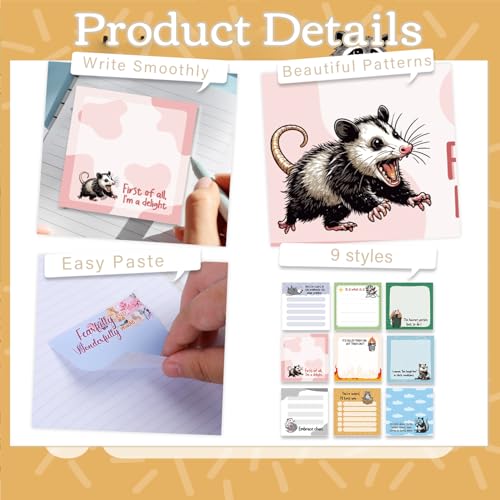 Funny Sticky Notes Gifts - 9 Pack Fun Opossum Notepads 3x3 Inches for Students Coworkers, Opossum Gag Gifts for Women Men, Animal Memo Pads School Office Supplies (450 Sheets) - style: Fun Opossum