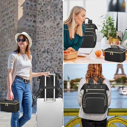 AIJIEKE Lunch Backpack for Women, 15.6 Laptop Backpack, Lunch Box, Black | Water resistant computer bag with insulated leakproof cooler. Travel meal prep backpack for nurse, teacher, college commute - color: Black