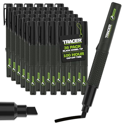 Tracer 2.0 Pack of 36 Chisel Tip Permanent Markers Black - Bulk Wide Tip Black Markers for Adults Carpentry and Construction Markers - Thick Wide Chisel Tip Marker Pens - 100 Hour Cap Off Time - size: 1 Count (Pack of 36)
