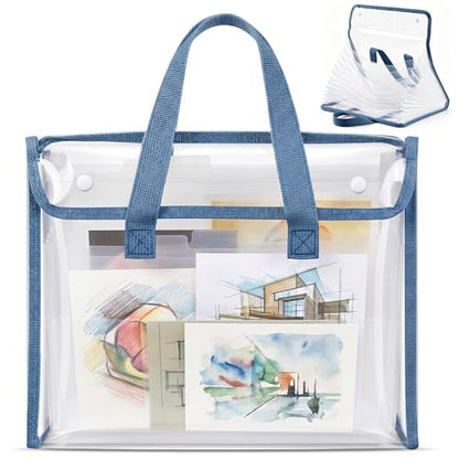 1 Pack 12x13.4 Inch Kids Art Portfolio, Expanding File Organizer with 13 Pockets, Art Portfolio for Kids with Handle, Oxford Cloth Edge Transparent Artwork Folder for Children