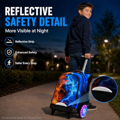 AGSDON Quiet Rolling Backpack with Lunch Box Set – Large Luminous Wheel Water‑Resistant Wheeled Bag for School, Outings, and Travel | Fire-Lightning Dinosaur 3‑Piece Organizer Backpack - color: Large Luminous Wheel Rolling Fire-lightning Dino