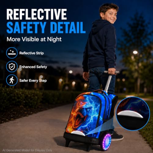 AGSDON Quiet Rolling Backpack with Lunch Box Set – Large Luminous Wheel Water‑Resistant Wheeled Bag for School, Outings, and Travel | Fire-Lightning Dinosaur 3‑Piece Organizer Backpack - color: Large Luminous Wheel Rolling Fire-lightning Dino