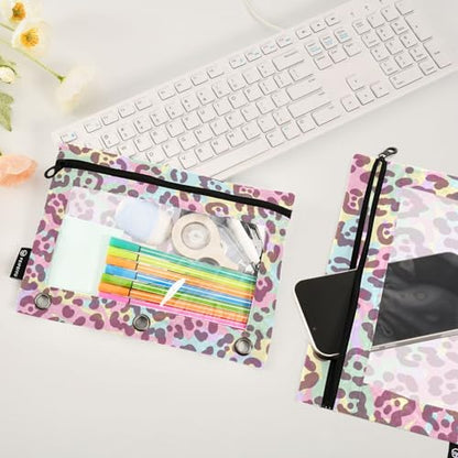ZAZYXTJ Personalized Leopard Print Binder Pencil Pouchs 3 Ring | with Zipper Clear Window Office Organizers bag for School Students Teacher Supplies 2 Pack - color: Leopard Print