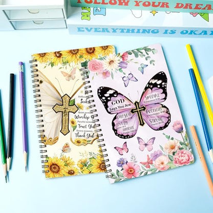 Xqumoi 2Pack A5 Floral Cross Butterfly Religious Spiral Notebooks - God Says You Are Bible Verse Ruled Journal Writing Hardcover Notebooks Christian Christmas Gift Sunday School Supplies - style: B-Butterfly