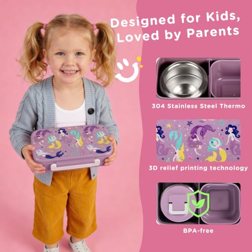 JXXM Lunch Box for Kids With 8oz Soup Thermo, Leak-proof Lunch Container with 2 Compartments, Thermo Food Jar Food Containers for Back to School Girls Boys (Purple Mermaid) - color: Purple Mermaid