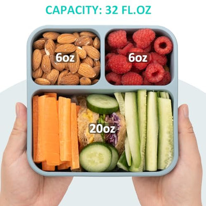 Silicone Bento Box Adult Lunch Container, 3 Compartment Container, Food Grade Silicone Bento Lunch Box for Work Travel Meal Prep, Leak-proof Food Storage Container（1 Pack Nile Blue） - color: Nile Blue | 32oz | 3-Compartment