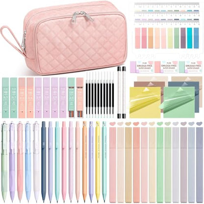 62PCS Aesthetic School Supplies with Cute Pencil Case, Pastel Highlighters Black Ink Gel Pens Mechanical Pencils Kit, Back to School Supplies College Essentials Preppy Stationary Set for Student Girls - color: Pink