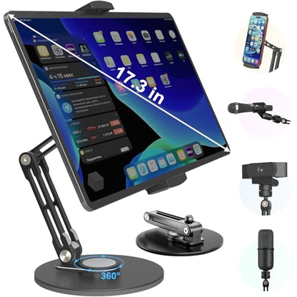 Adjustable iPad Stand,360 °Rotation iPad Heavy-Duty Base Mount ,Aluminum Alloy Foldable Tablet Holder for 4.7-17.3" iPhone /iPad Pro/Tablet/Portable Monitor, Mic Clip Screw Adapters for Microphones