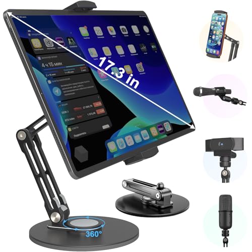 Adjustable iPad Stand,360 °Rotation iPad Heavy-Duty Base Mount ,Aluminum Alloy Foldable Tablet Holder for 4.7-17.3" iPhone /iPad Pro/Tablet/Portable Monitor, Mic Clip Screw Adapters for Microphones